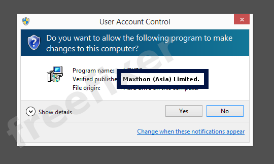 Screenshot where Maxthon (Asia) Limited. appears as the verified publisher in the UAC dialog
